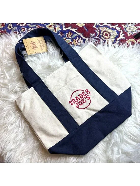 NWT Trader Joes Navy Blue Mini Canvas Tote Bag Reusable Ecofriendly Market 866 - Picture 1 of 9
